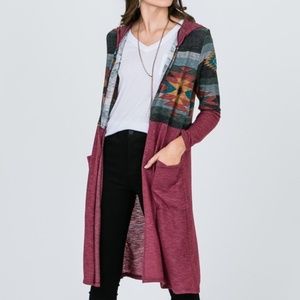 Maroon and Tribal Print Cardigan Duster